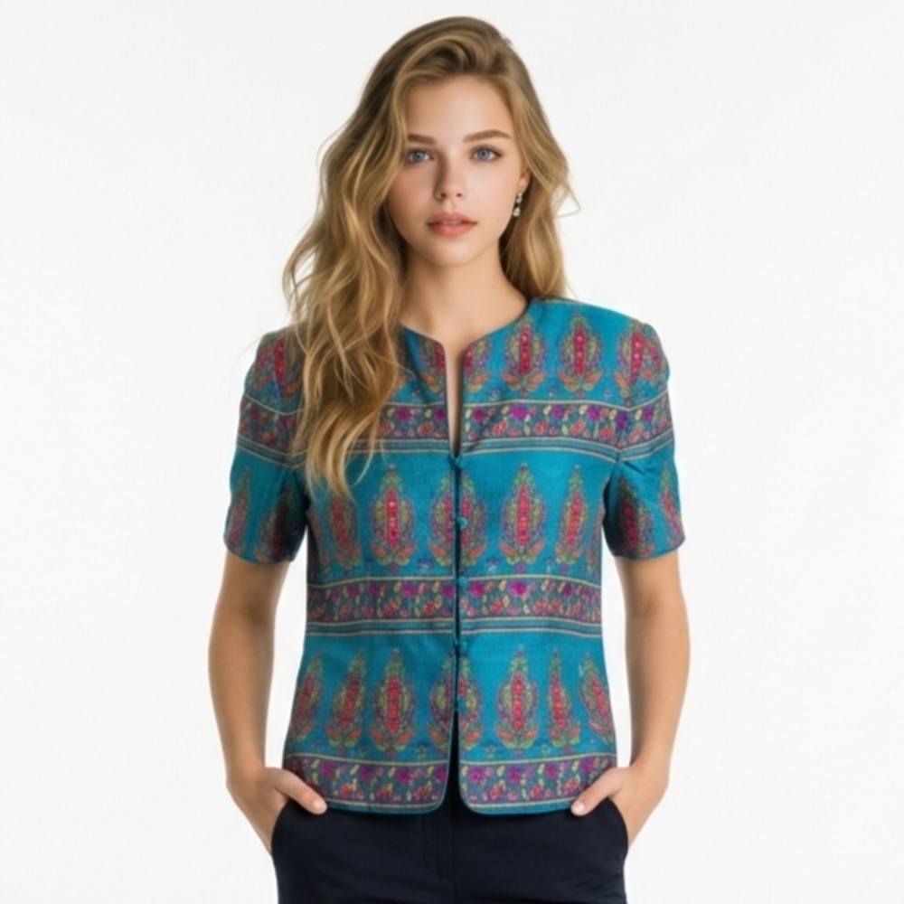 Adrianna Papell Teal Paisley Short-Sleeve Jacket